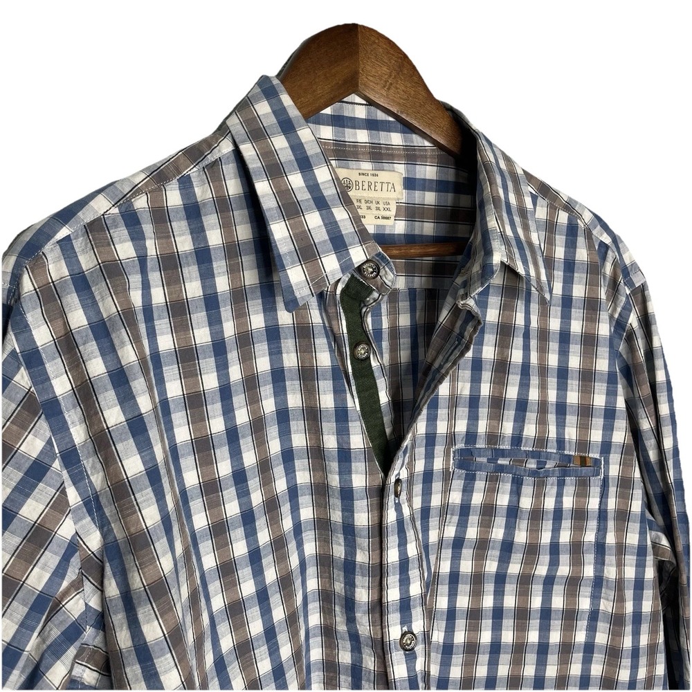 Beretta Long Sleeve Button Down Shirt Men's XXL Check Plaid 100% Cotton Italy